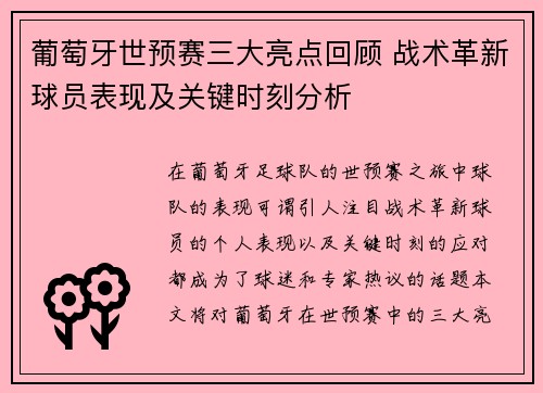 葡萄牙世预赛三大亮点回顾 战术革新球员表现及关键时刻分析