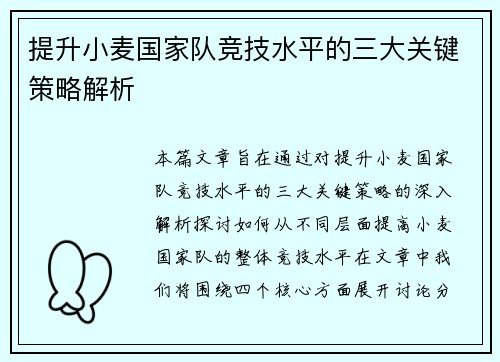 提升小麦国家队竞技水平的三大关键策略解析